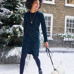 Boden Sweatshirt Dress Navy With Rose Gold Scattered Dot Long Sleeves sz 14L